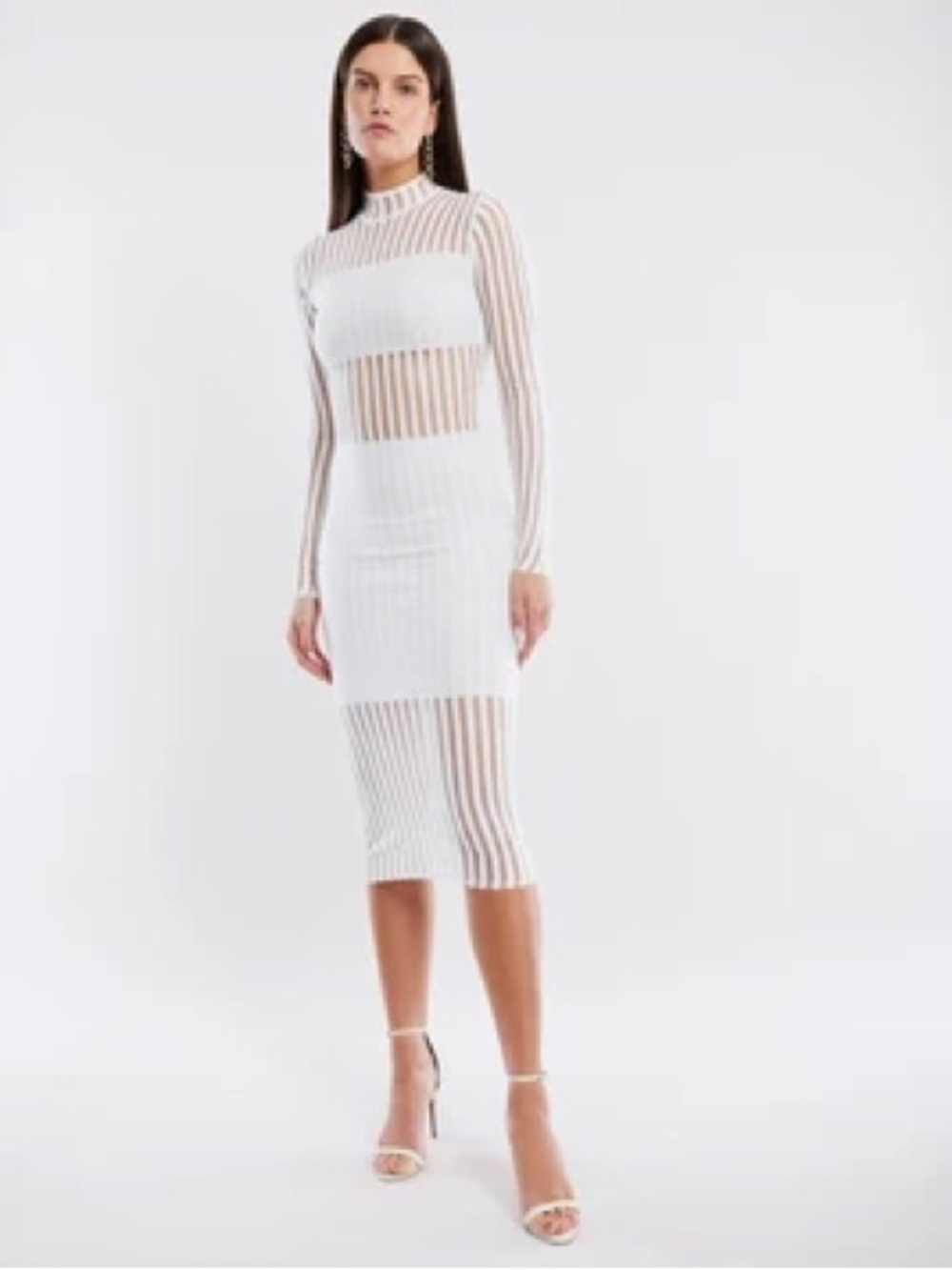 BCBGMaxAzria White Sheer Stripe Long-Sleeve Midi Dress with Mock Neck